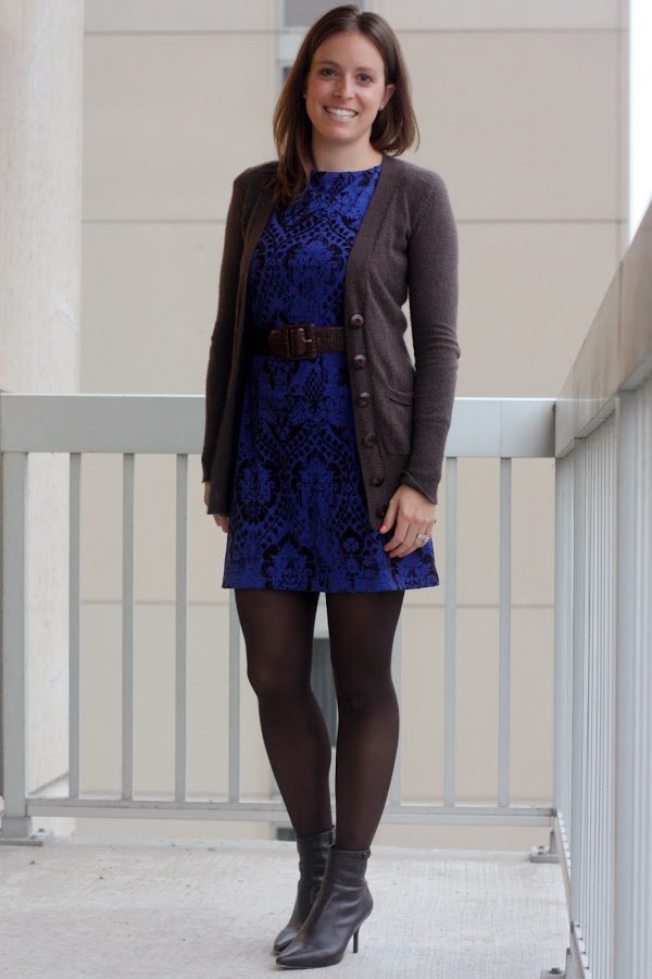 blue and brown dress with brown cardigan - wear to work, office - www.honestlymodern.com