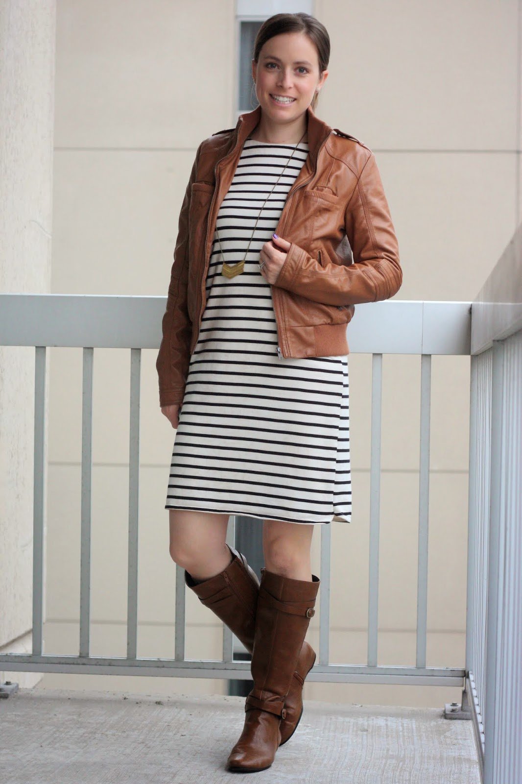 Black and white striped sheath dress, cognac leather jacket and boots for fall | business casual transitions to weekend | www.honestlymodern.com