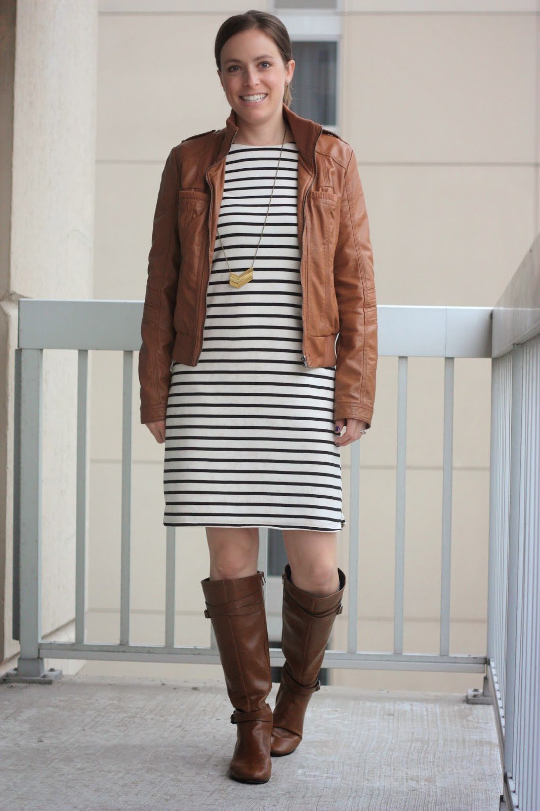 Black and white striped sheath dress, cognac leather jacket and boots for fall | business casual transitions to weekend | www.honestlymodern.com