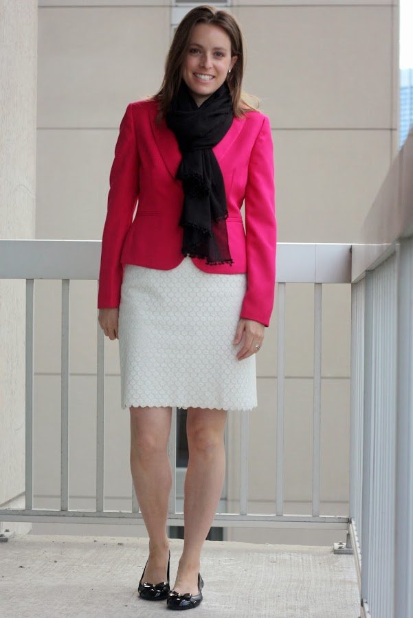 thrifted pink JCrew blazer, thrifted white LOFT skirt, black scarf and blouse | wear to work, office, business casual or business formal | www.honestlymodern.com