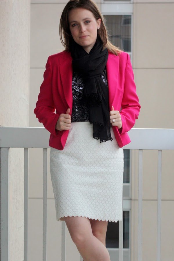 thrifted pink JCrew blazer, thrifted white LOFT skirt, black scarf and blouse | wear to work, office, business casual or business formal | www.honestlymodern.com