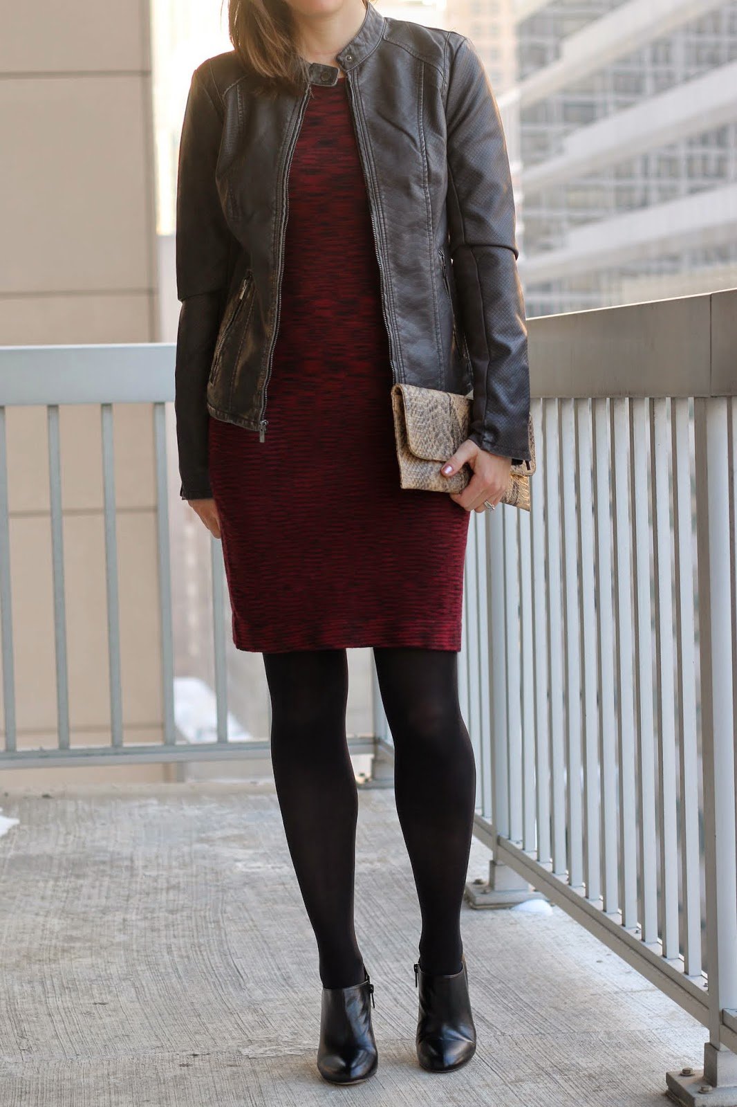 FashionablyEmployed.com | Valentine's Day Style: Desk to Dinner Date | Red sweater dress, black tights and booties, gray moto jacket or gray blazer | work to weekend style