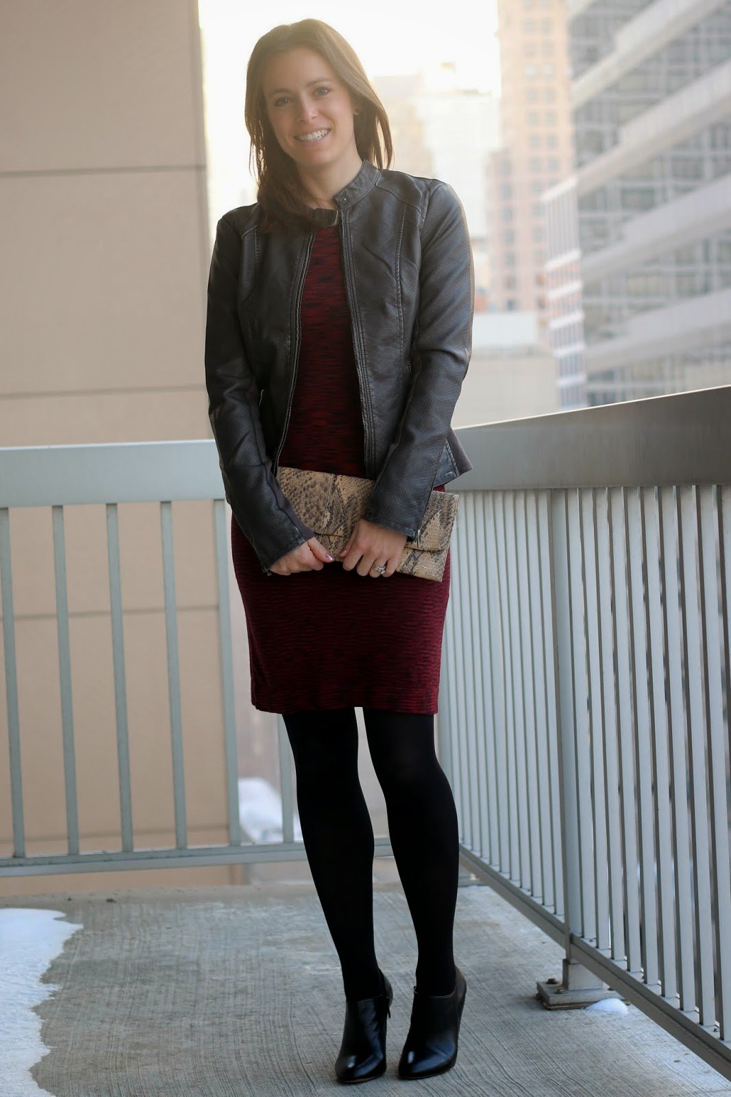 FashionablyEmployed.com | Valentine's Day Style: Desk to Dinner Date | Red sweater dress, black tights and booties, gray moto jacket or gray blazer | work to weekend style