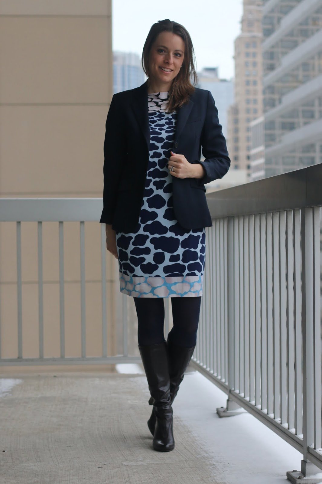 FashionablyEmployed.com | Thrifted giraffe print DVF dress, thrifted navy blazer, navy tights and brown boots, expert thrifting tips from seasoned thrifters, wear to work office style
