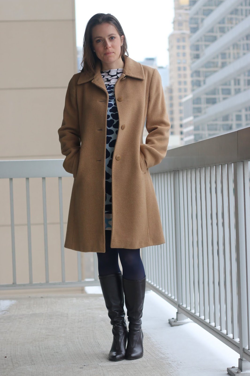 FashionablyEmployed.com | Thrifted giraffe print DVF dress, thrifted camel hair coat, navy tights and brown boots, expert thrifting tips from seasoned thrifters, wear to work office style