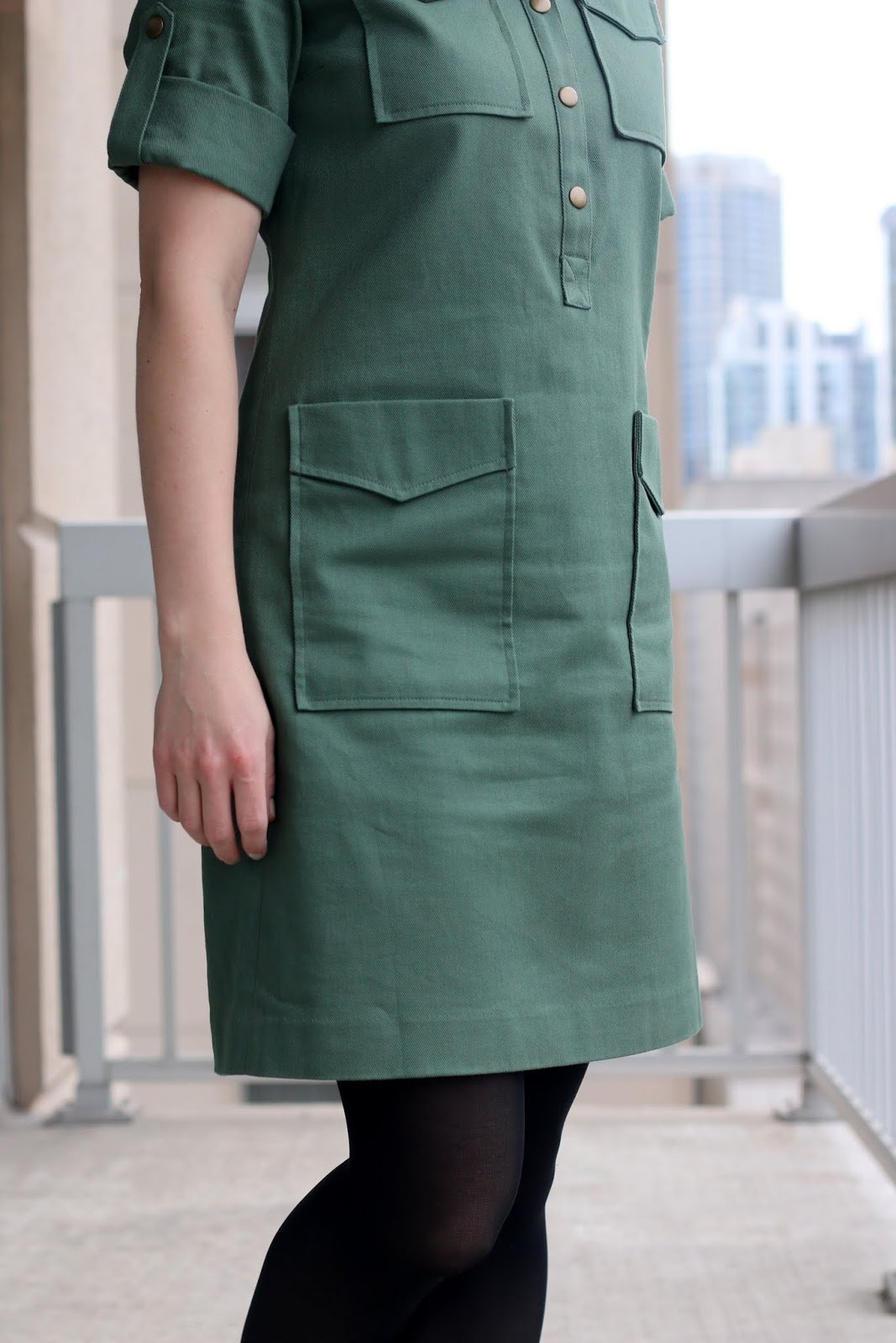 Thrifted Emerson Fry green dress with tights and cognac boots | Made in the USA | wear to work outfit, office style, business casual to brunch