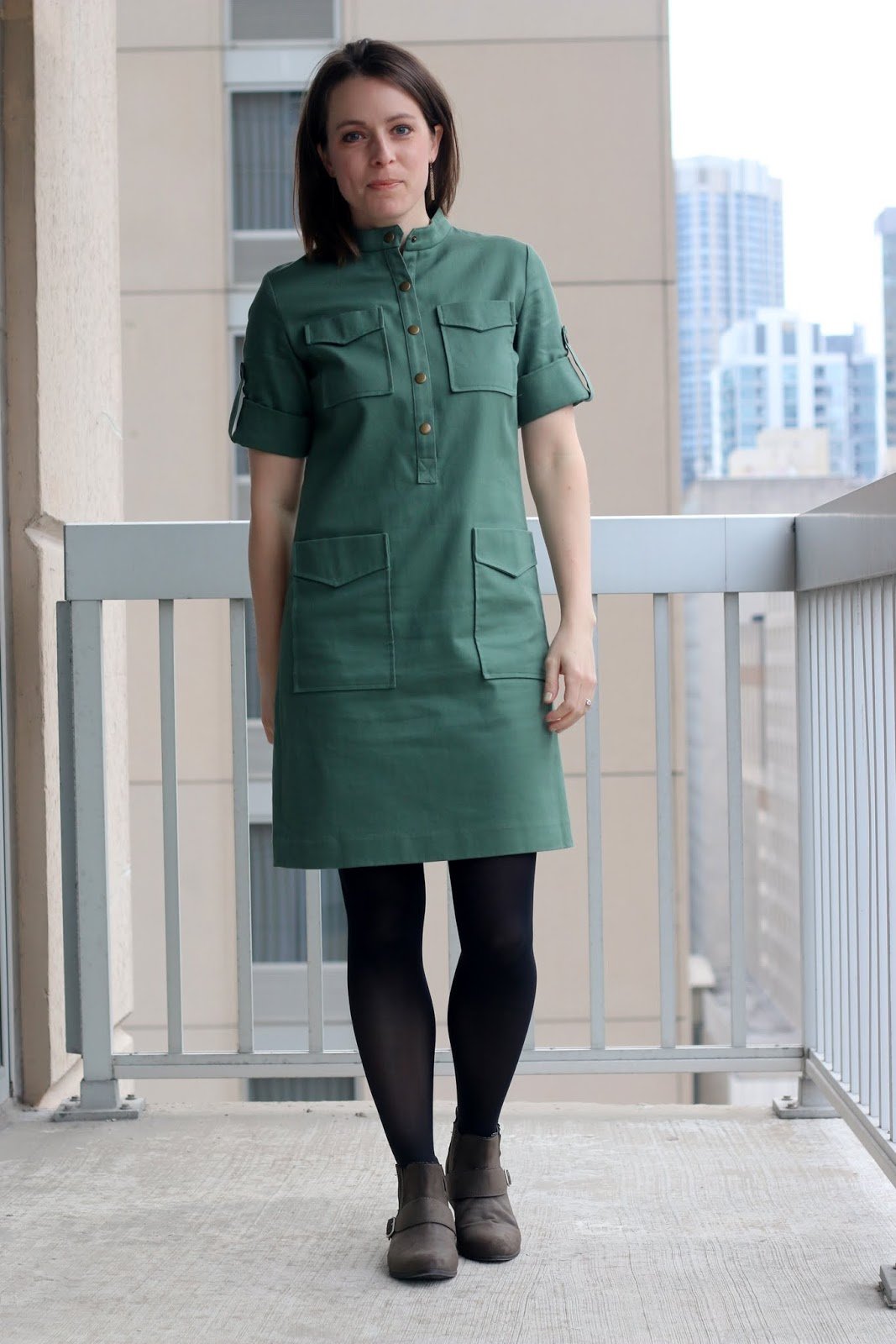 Thrifted Emerson Fry green dress with tights and gray boots | Made in the USA | wear to work outfit, office style, business casual to brunch