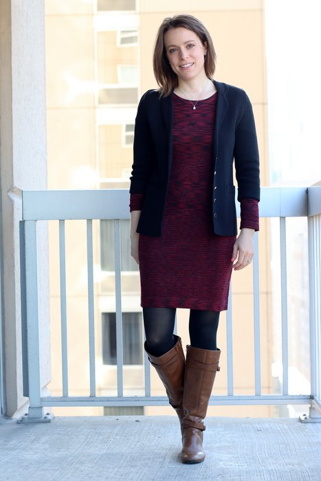 Maroon and Black Sweater Dress – Blazer & Cognac Boots 2 – Honestly Modern