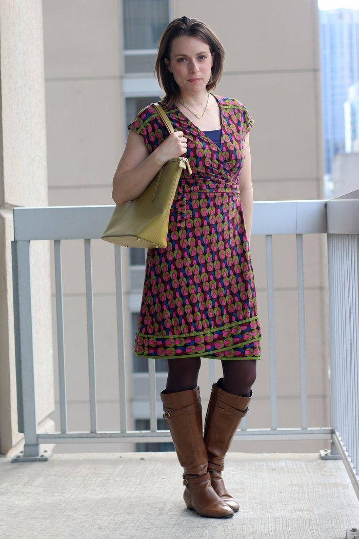 FashionablyEmployed.com | pink and green geometric print wrap dress with cognac boots and bright green bag | women's work wear style, office outfit, business casual