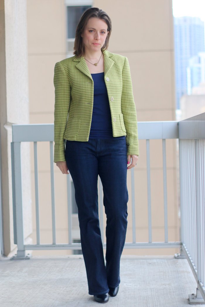 FashionablyEmployed.com | thrifted blazer and jeans with boots, casual Friday outfit for office, work style