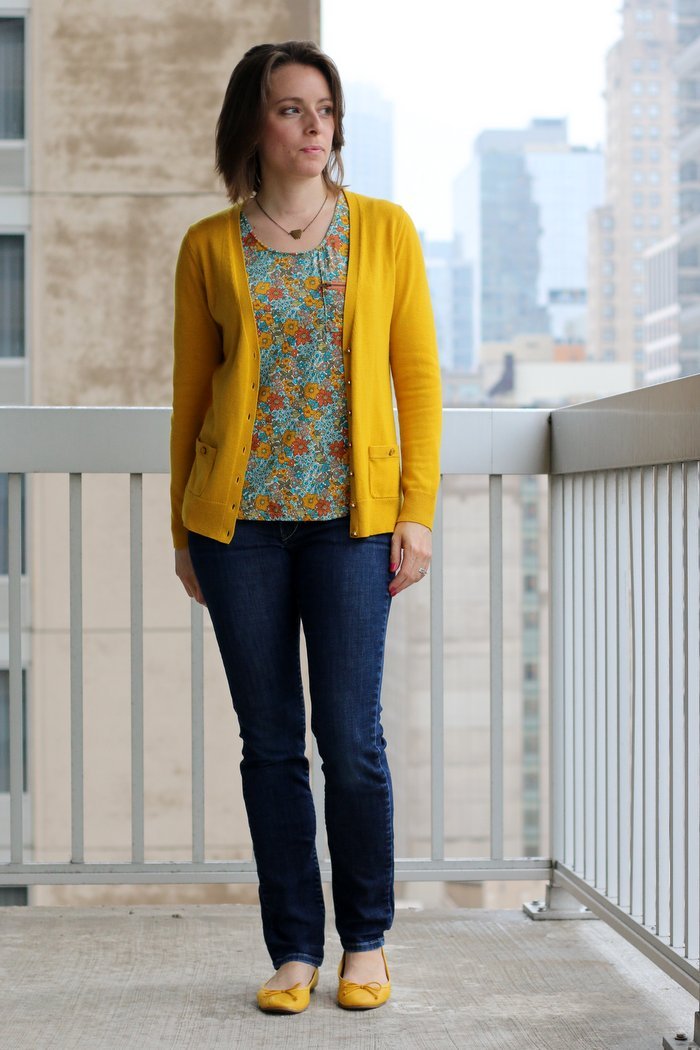 FashionablyEmployed.com | Floral thrifted blouse with mustard cardigan, jeans and mustard flats