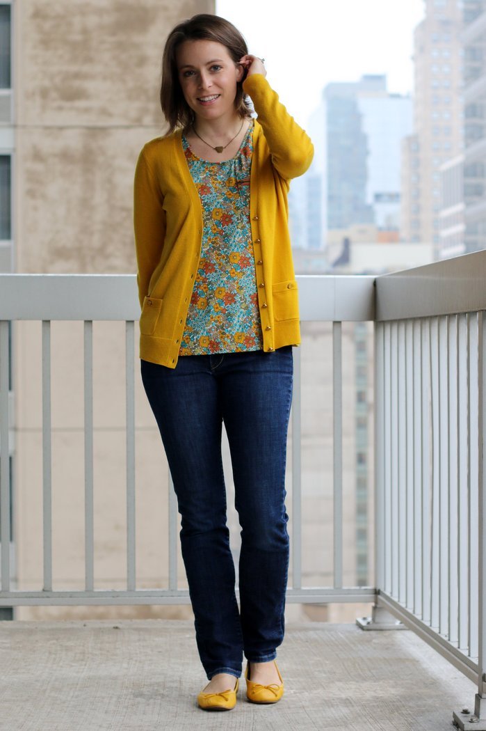 FashionablyEmployed.com | Floral thrifted blouse with mustard cardigan, jeans and mustard flats