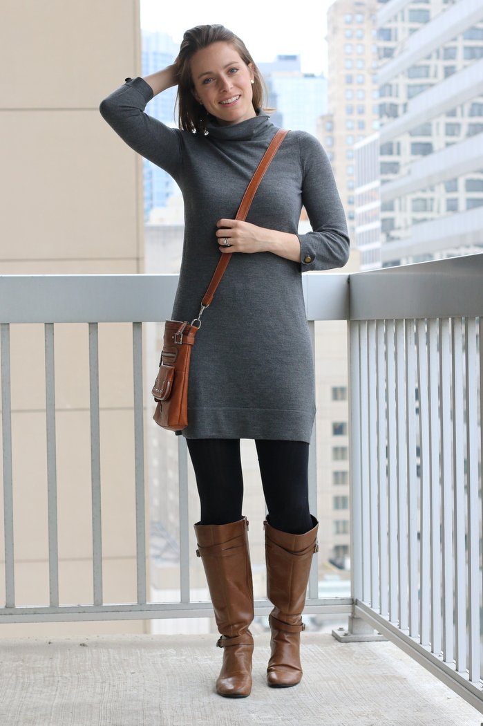 FashionablyEmployed.com | Thrifted gray sweater dress, black tights, cognac boots and crossbody bag | Simple and sustainable style for everyday professional women | wear to work style, office outfit ideas, women's workwear