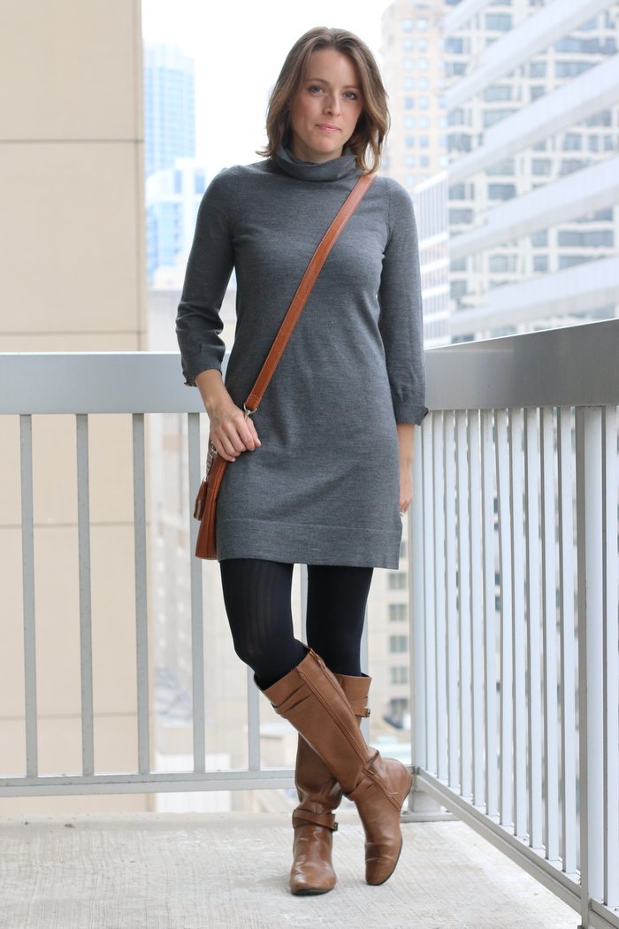 FashionablyEmployed.com | Thrifted gray sweater dress, black tights, cognac boots and crossbody bag | Simple and sustainable style for everyday professional women | wear to work style, office outfit ideas, women's workwear