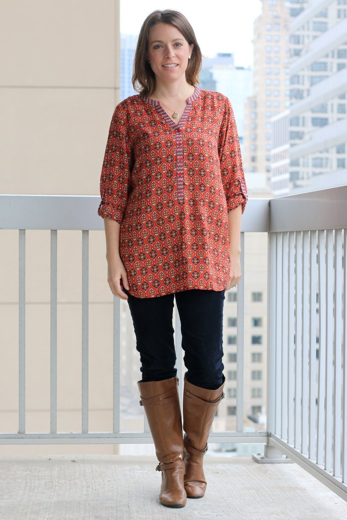 FashionablyEmployed.com | Orange + Burgundy Patterned Blouse Styled 3 Ways for Fall | Simple and sustainable work wear style for everyday professional women | wear to work style, office outfit ideas, casual Friday