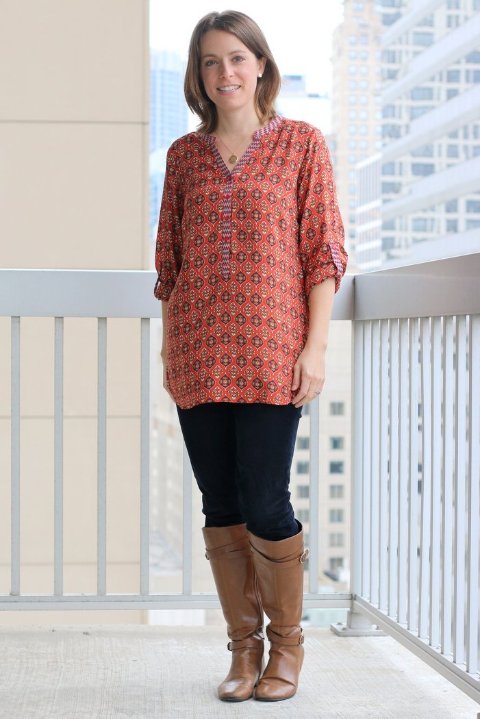 FashionablyEmployed.com | Orange + Burgundy Patterned Blouse Styled 3 Ways for Fall | Simple and sustainable work wear style for everyday professional women | wear to work style, office outfit ideas, casual Friday