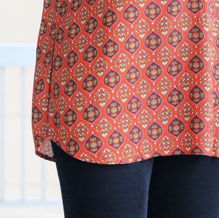 FashionablyEmployed.com | Orange + Burgundy Patterned Blouse Styled 3 Ways for Fall | Simple and sustainable work wear style for everyday professional women | wear to work style, office outfit ideas, casual Friday