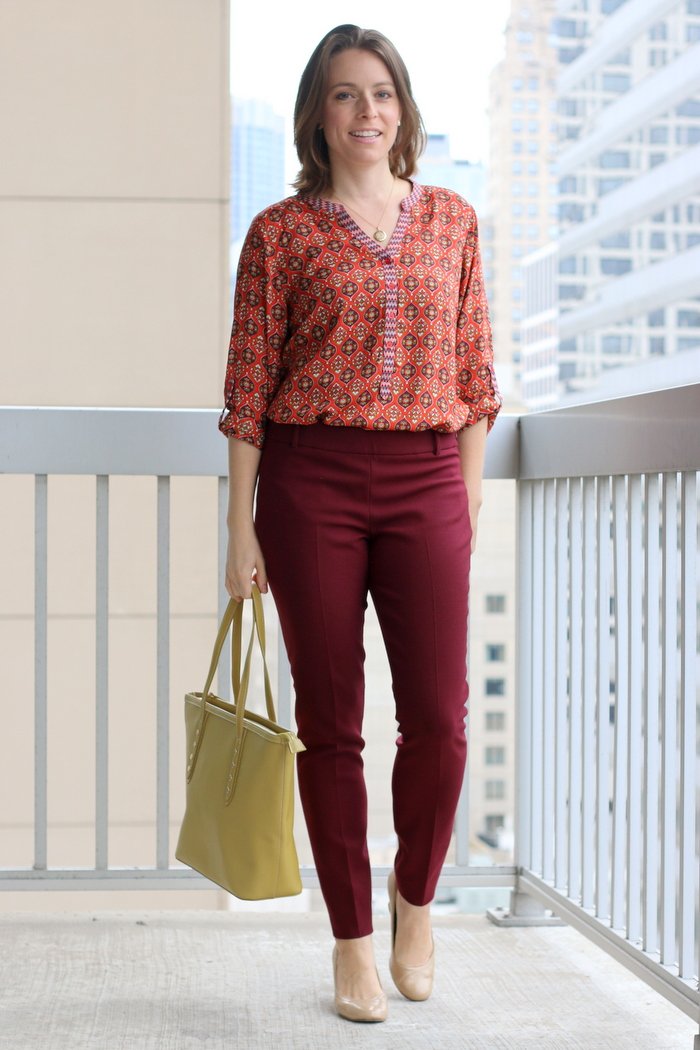 FashionablyEmployed.com | Orange + Burgundy Patterned Blouse Styled 3 Ways for Fall | Simple and sustainable work wear style for everyday professional women | wear to work style, office outfit ideas, casual Friday