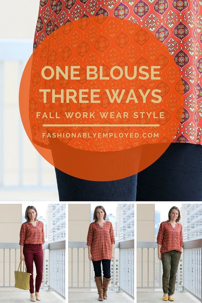 Orange Patterned Fall Blouse Styled 3 Ways