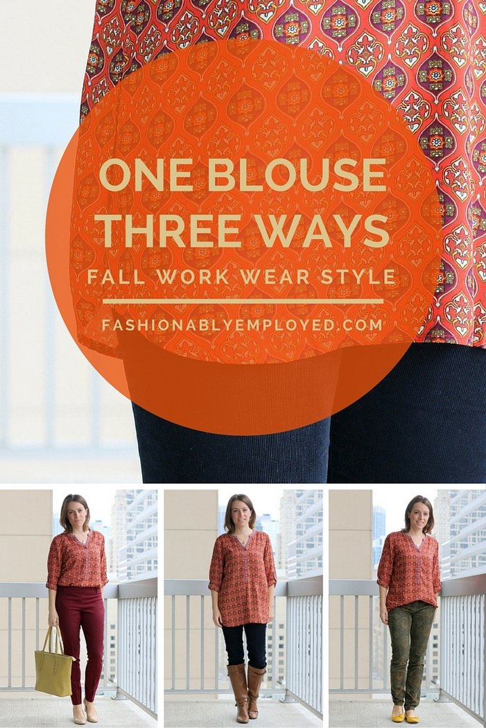 FashionablyEmployed.com | Orange + Burgundy Patterned Blouse Styled 3 Ways for Fall | Simple and sustainable work wear style for everyday professional women | wear to work style, office outfit ideas, casual Friday