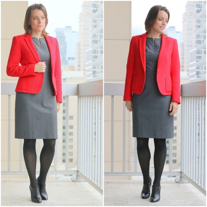 FashionablyEmployed.com | Gray thrifted JCrew dress with thrifted red blazer and black tights for the office, big meeting | Simple and sustainable style for everyday professional women | work wear, office style