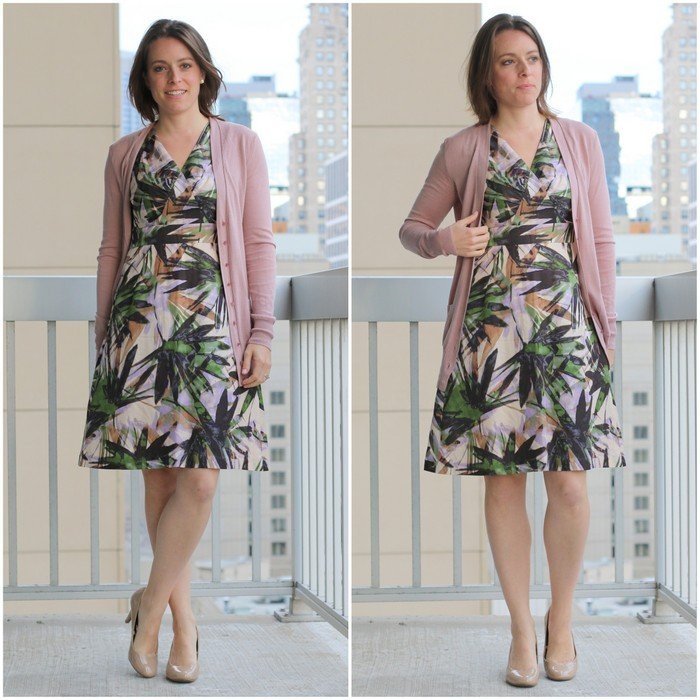 FashionablyEmployed.com | Thrifted blush cardigan with floral A-line dress and nude heels for the office | Simple and sustainable style for everyday professional women | work wear, office style