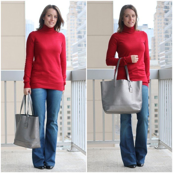 FashionablyEmployed.com | Red sweater with flared jeans and black ankel boots wth a silver bag for winter / subtle holiday style, wear to work, casual Friday | Simple and sustainable style for everyday professional women | wear to work, office style, workwear