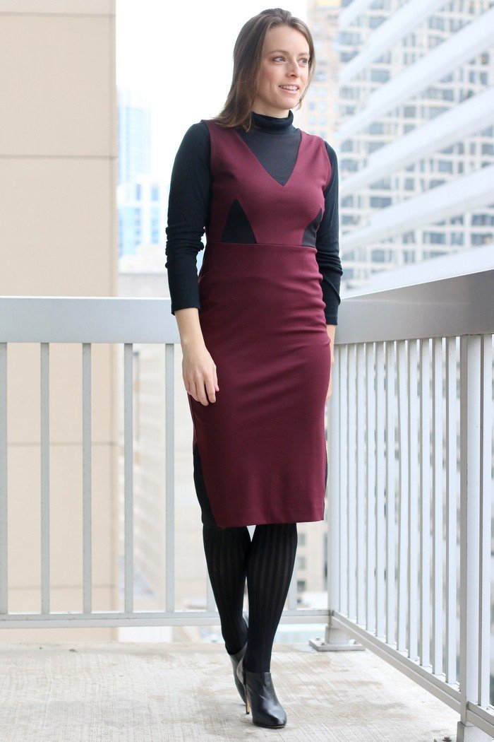FashionablyEmployed.com | Maroon La Fille Colette Made in the USA dress with black tights and booties for the office | Simple and sustainable style for everyday professional women | wear to work, office style