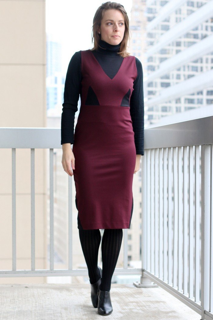 FashionablyEmployed.com | Maroon La Fille Colette Made in the USA dress with black tights and booties for the office | Simple and sustainable style for everyday professional women | wear to work, office style