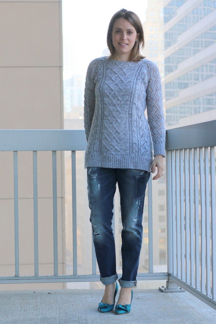 FashionablyEmployed.com | Gray sweater and distressed Silver jeans with teal pumps, casual Friday at the office, work wear style, boyfriend jeans | Simple and sustainable style for everyday professional women | wear to work, office style, workwear