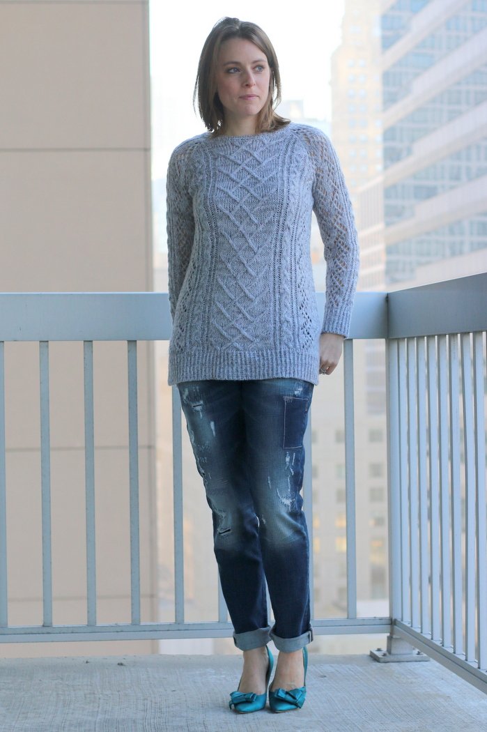 FashionablyEmployed.com | Gray sweater and distressed Silver jeans with teal pumps, casual Friday at the office, work wear style, boyfriend jeans | Simple and sustainable style for everyday professional women | wear to work, office style, workwear
