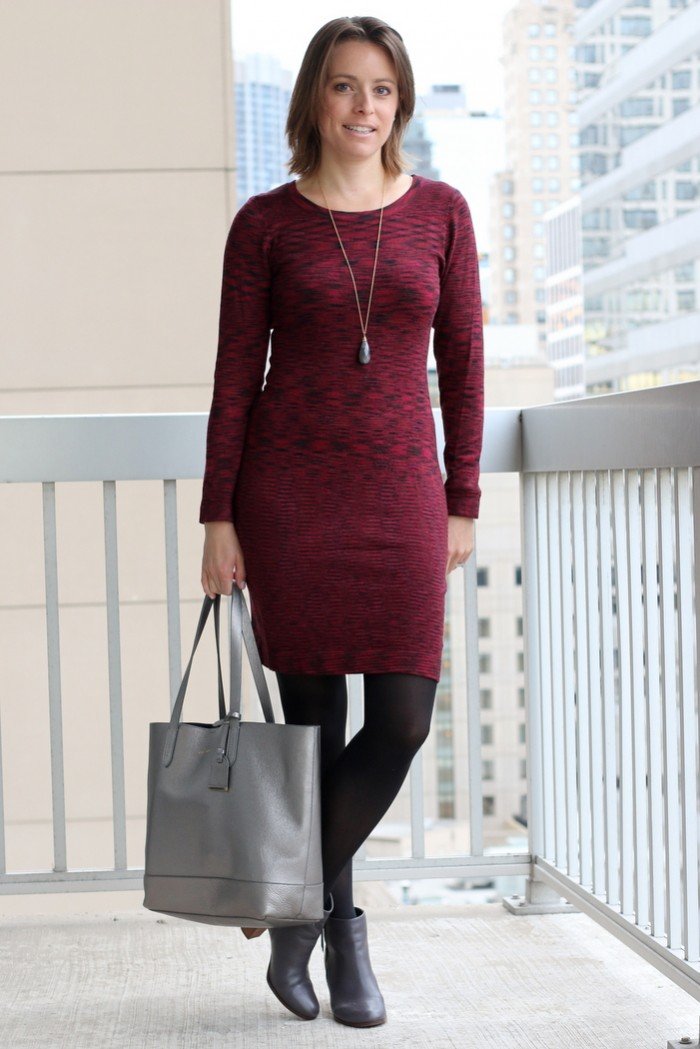 FashionablyEmployed.com | Sweater dress and tights dressed up with booties for the office, winter style workwear | Simple and sustainable style for everyday professional women | wear to work, office style, workwear