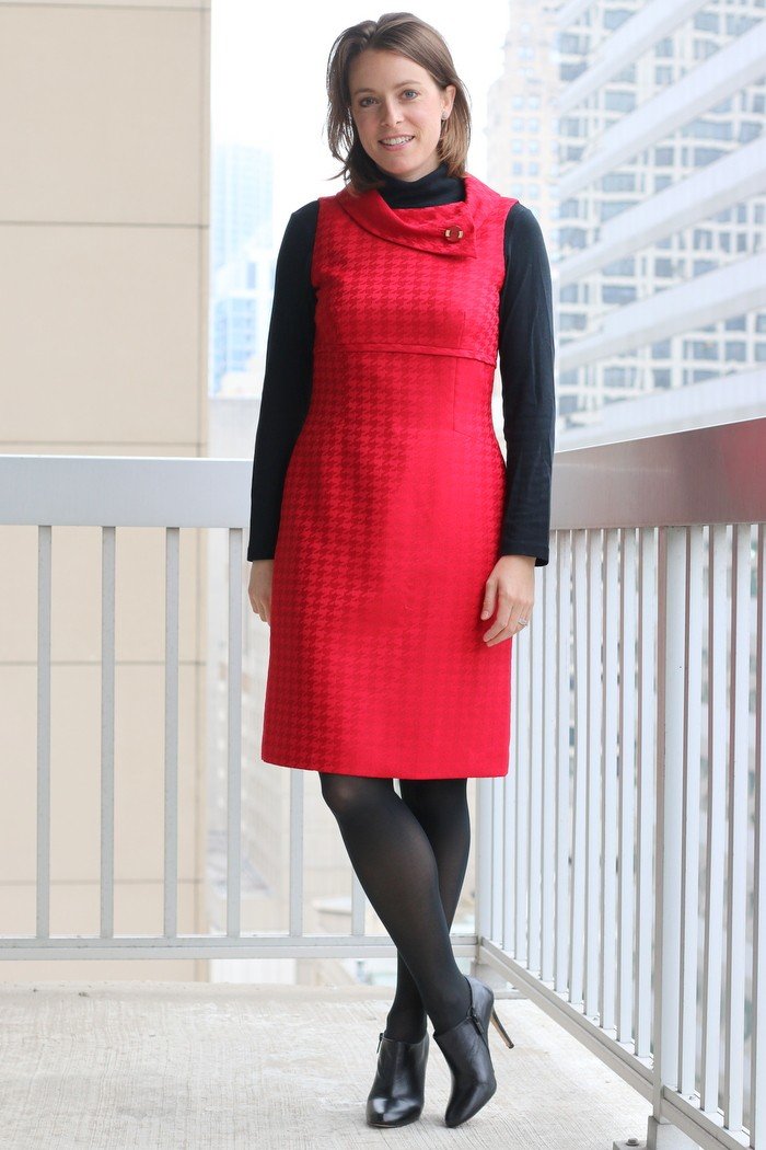 FashionablyEmployed.com | Red dress with black turtleneck, black tights, and black heels | Simple and sustainable style for everyday professional women | work wear, office style