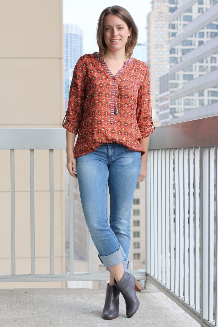 FashionablyEmployed.com | Fall, patterned blouse with boyfriend jeans and booties for a casual weekend look| Simple and sustainable style for everyday professional women | work wear, office style