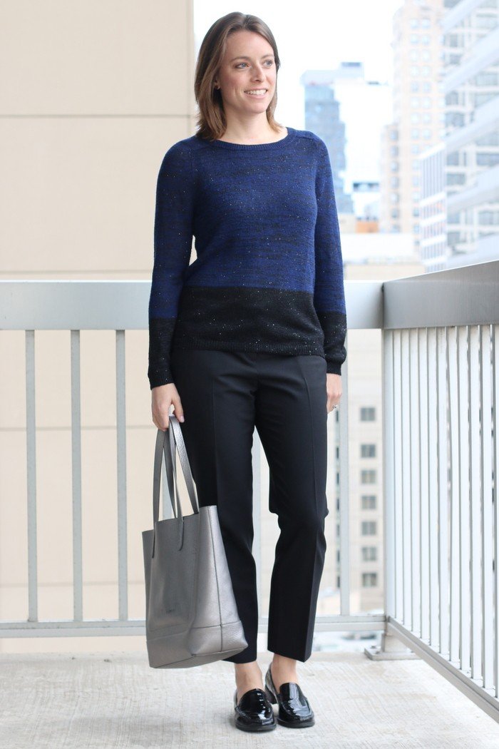 FashionablyEmployed.com | Thrifted black and blue sweater with cropped trousers and loafers for work, sivler Cole Haan tote bag | Simple and sustainable style for everyday professional women | work wear, office style