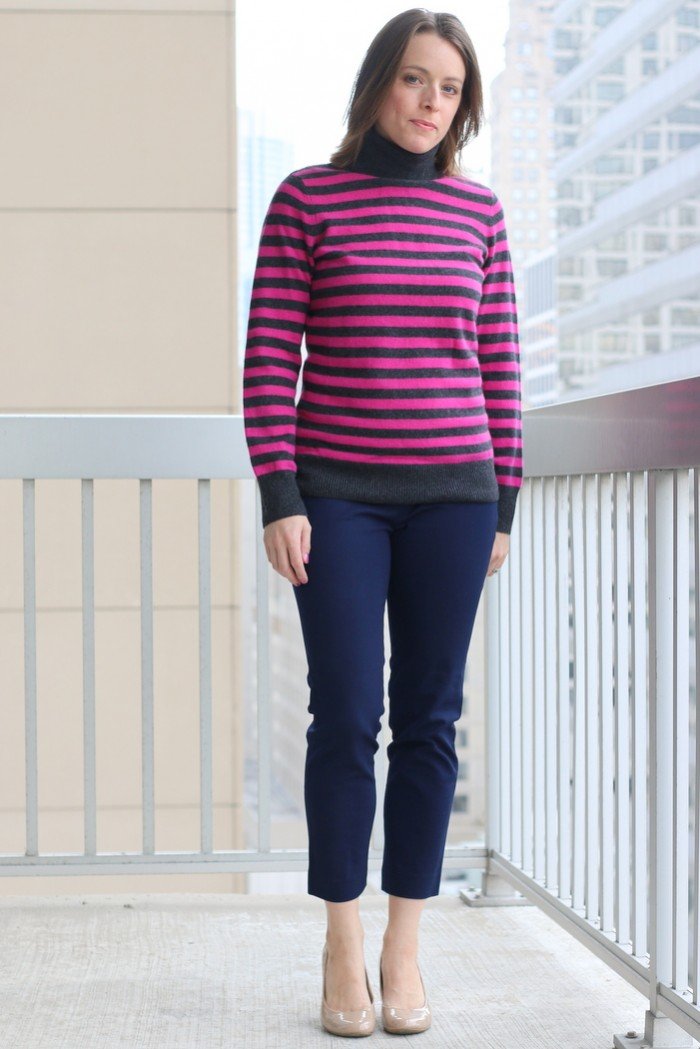 FashionablyEmployed.com | Thrifted striped cashmere sweater and navy cropped pants with nude heels to wear to work| Simple and sustainable style for everyday professional women | work wear, office style