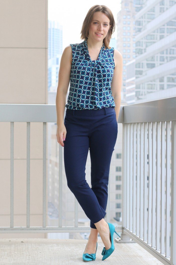 FashionablyEmployed.com | Navy cropped pants with teal and navy patterned blouse, navy cardigan and cream circle scarf for the office | Simple and sustainable style for everyday professional women | work wear, office style