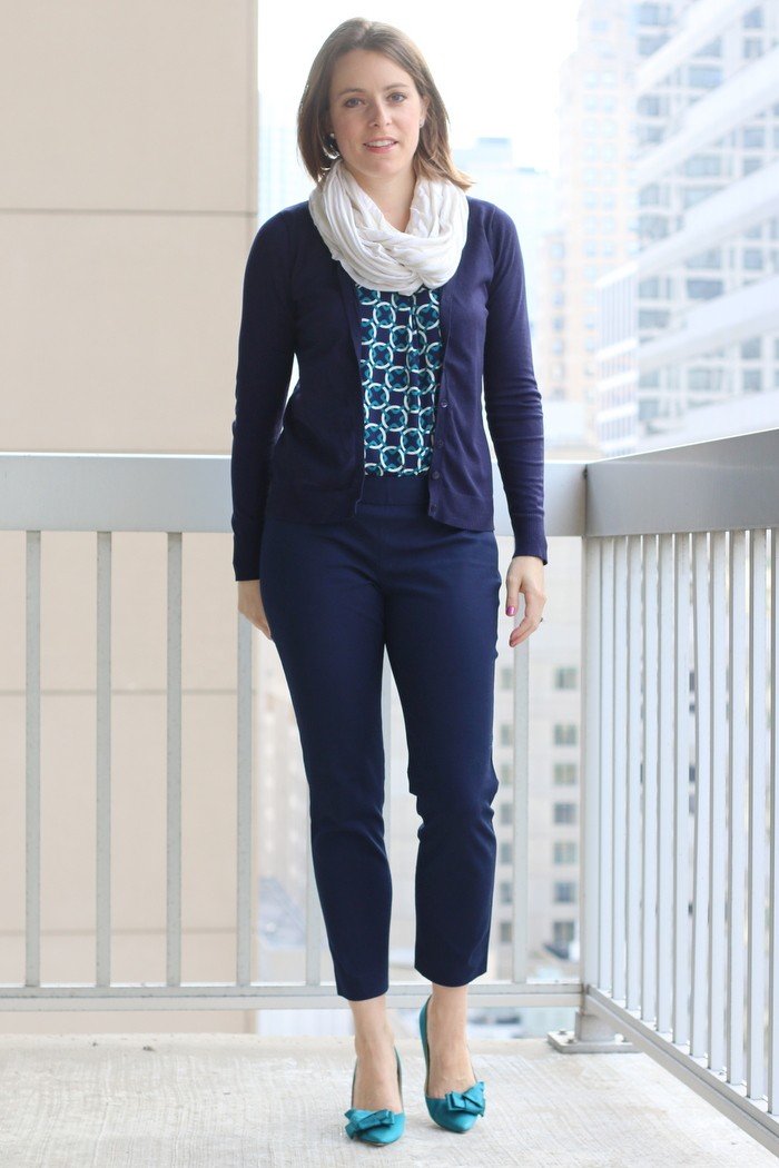 FashionablyEmployed.com | Navy cropped pants with teal and navy patterned blouse, navy cardigan and cream circle scarf for the office | Simple and sustainable style for everyday professional women | work wear, office style