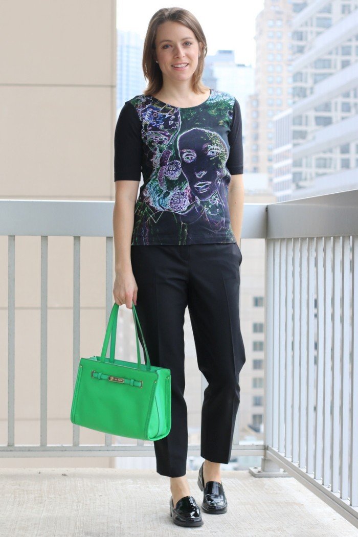 FashionablyEmployed.com | Black statement shirt with black cropped trousers and black laofers with a pop of green from the bag | Simple and sustainable style for everyday professional women | work wear, office style