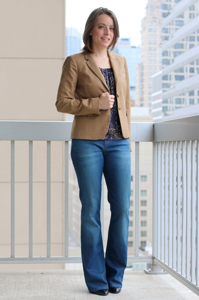 FashionablyEmployed.com | Beige blazer with flared jeans and booties for a casual business look for the office | Simple and sustainable style for everyday professional women | wear to work, office style, workwear