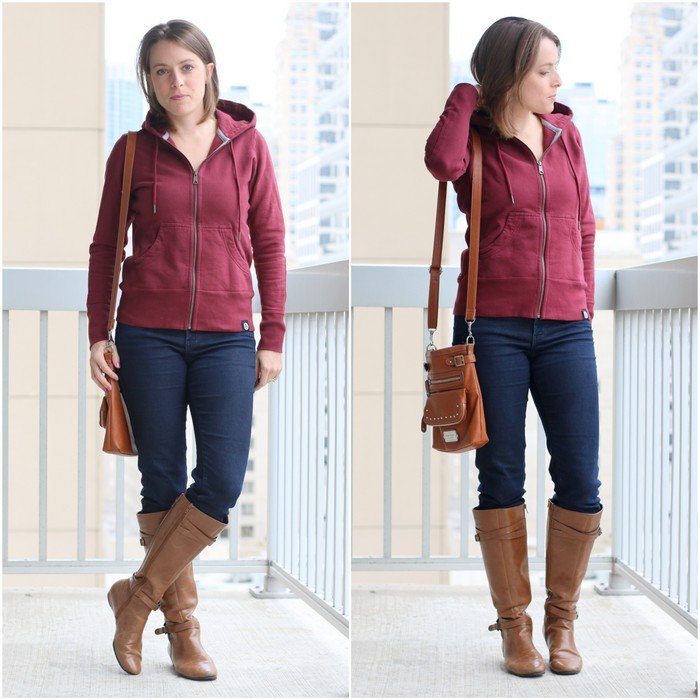 FashionablyEmployed.com | Casual style for an easy going work from home casual Friday, American Giant Greatest Hoodie Ever Made with thrifted jeans and cognac boots and crossbody bag | Simple and sustainable style for everyday professional women | work wear, office style