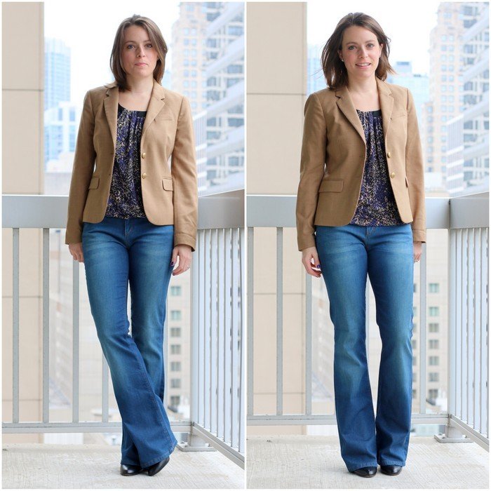 FashionablyEmployed.com | Beige blazer with flared jeans and booties for a casual business look for the office | Simple and sustainable style for everyday professional women | wear to work, office style, workwear