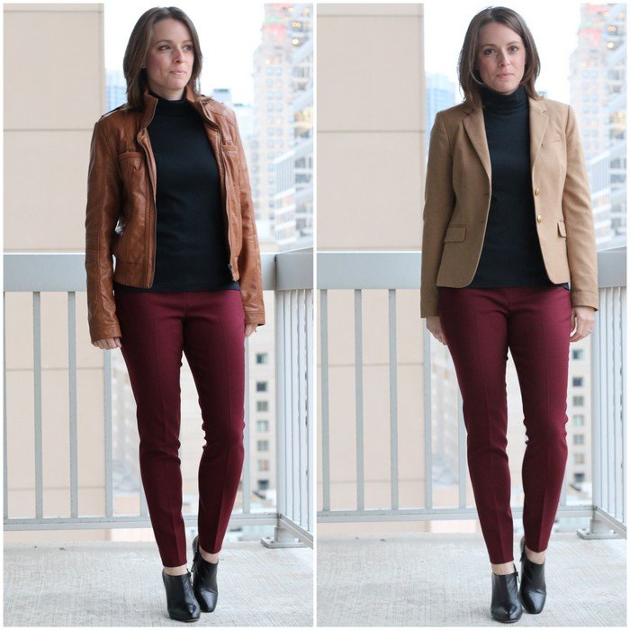 FashionablyEmployed.com | Burgundy pants, black top and camel jacket | work to weekend remix style | workwear, weekend style, outfit