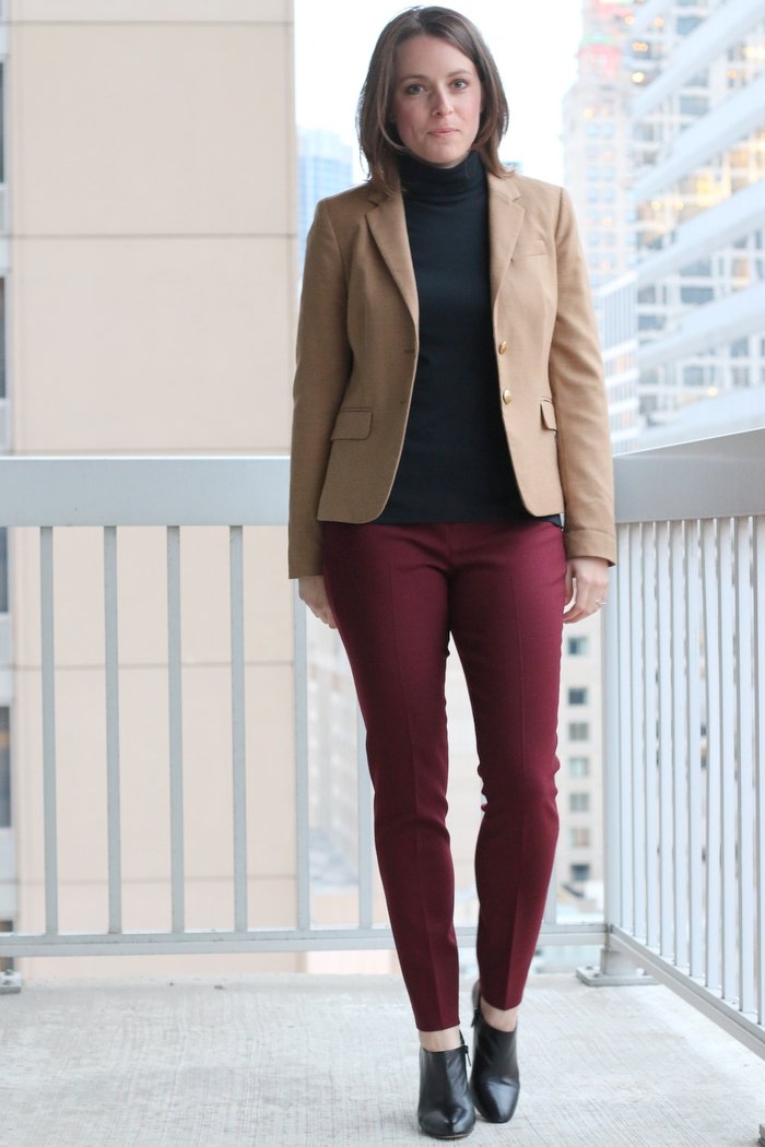 FashionablyEmployed.com | Burgundy pants, black top and camel jacket | work to weekend remix style | workwear, weekend style, outfit