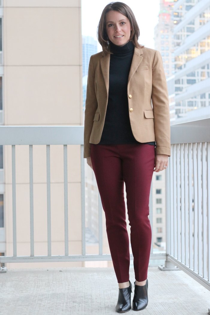 FashionablyEmployed.com | Burgundy pants, black top and camel jacket | work to weekend remix style | workwear, weekend style, outfit