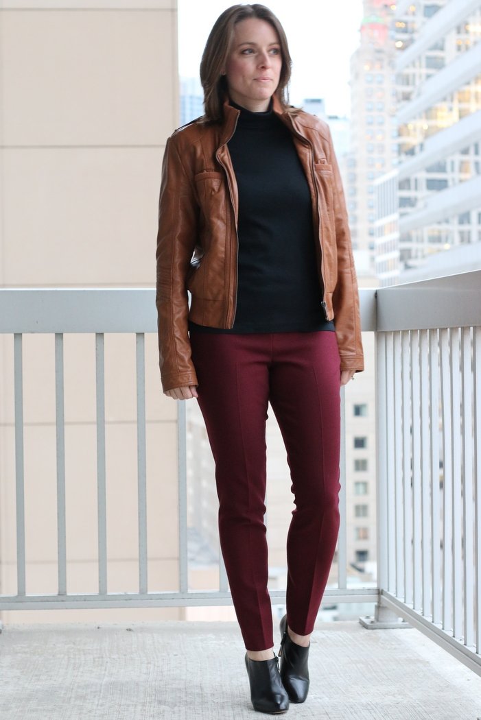 FashionablyEmployed.com | Burgundy pants, black top and camel jacket | work to weekend remix style | workwear, weekend style, outfit