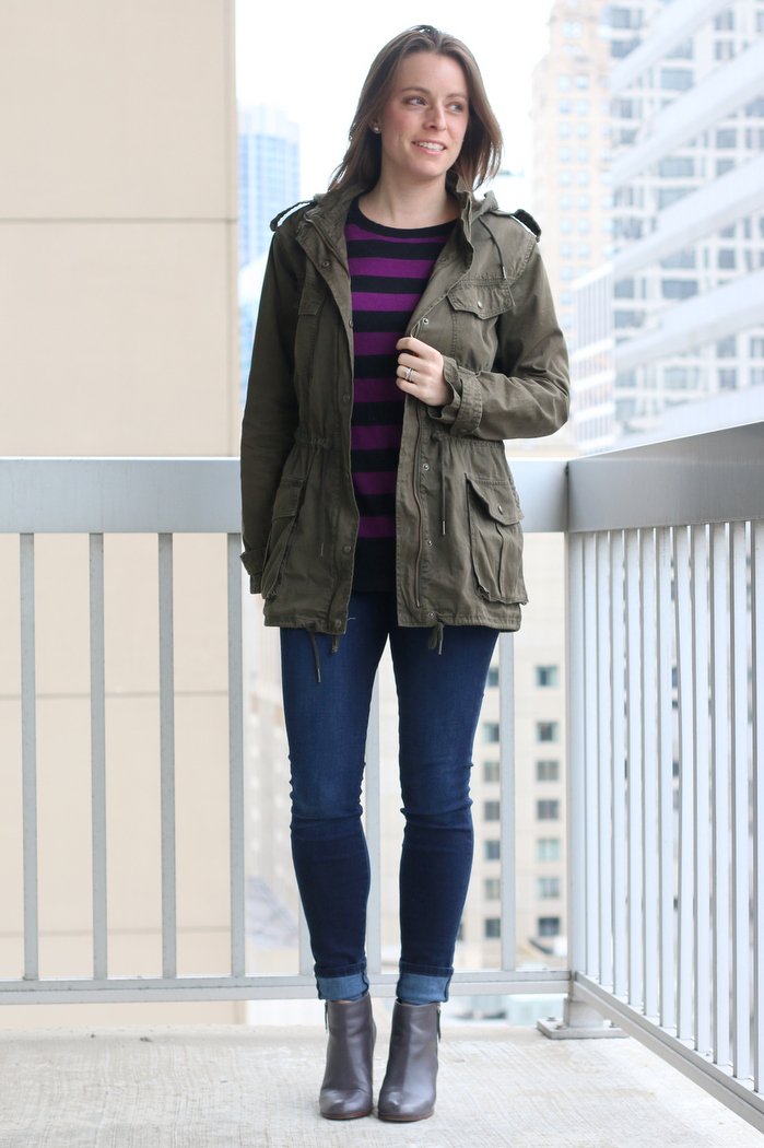 Perfect casual Friday style for working moms | Thrifted jeans, ankle boots, anorak and sweater for a crisp day | work wear, casual style