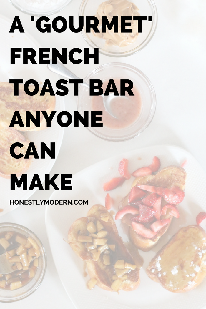 Need an idea for a fun and fancy breakfast or brunch without the fuss? Check out this easy French Toast Bar even the most basic culinary skills can master. Click through for tips, toppings ideas, and more.