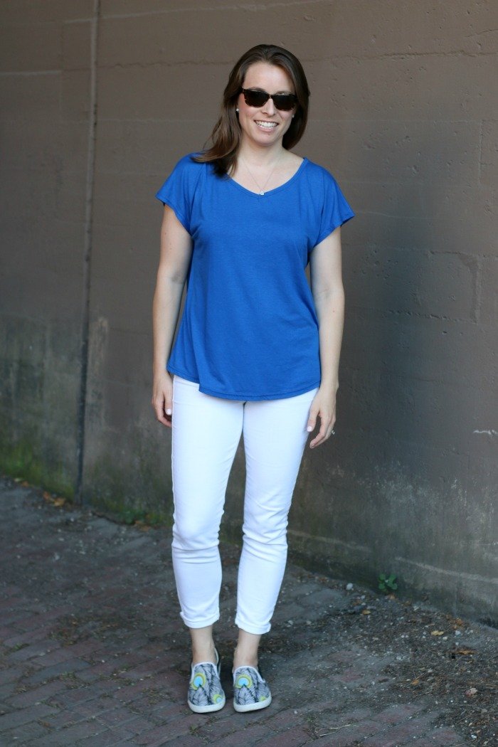 blue shirt and white jeans with bucketfeet shoes