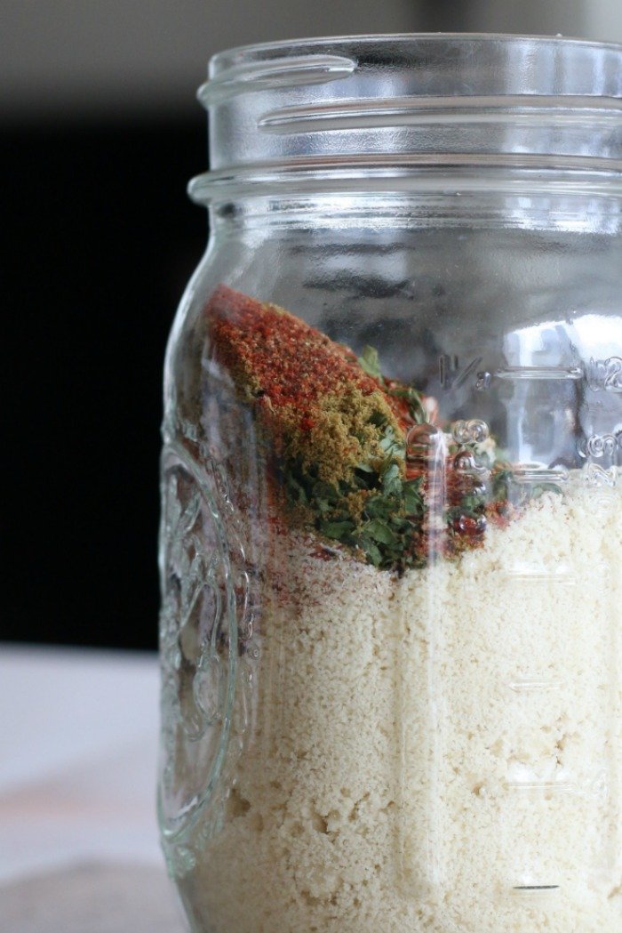 mason jar with almond meal, flax meal and spices